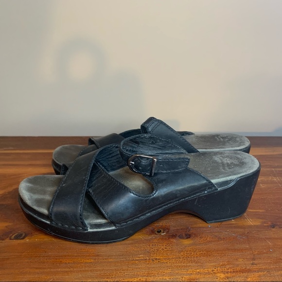 Dansko Sela Slide Mule Black Leather Wedge Sandals - Picture 6 of 9